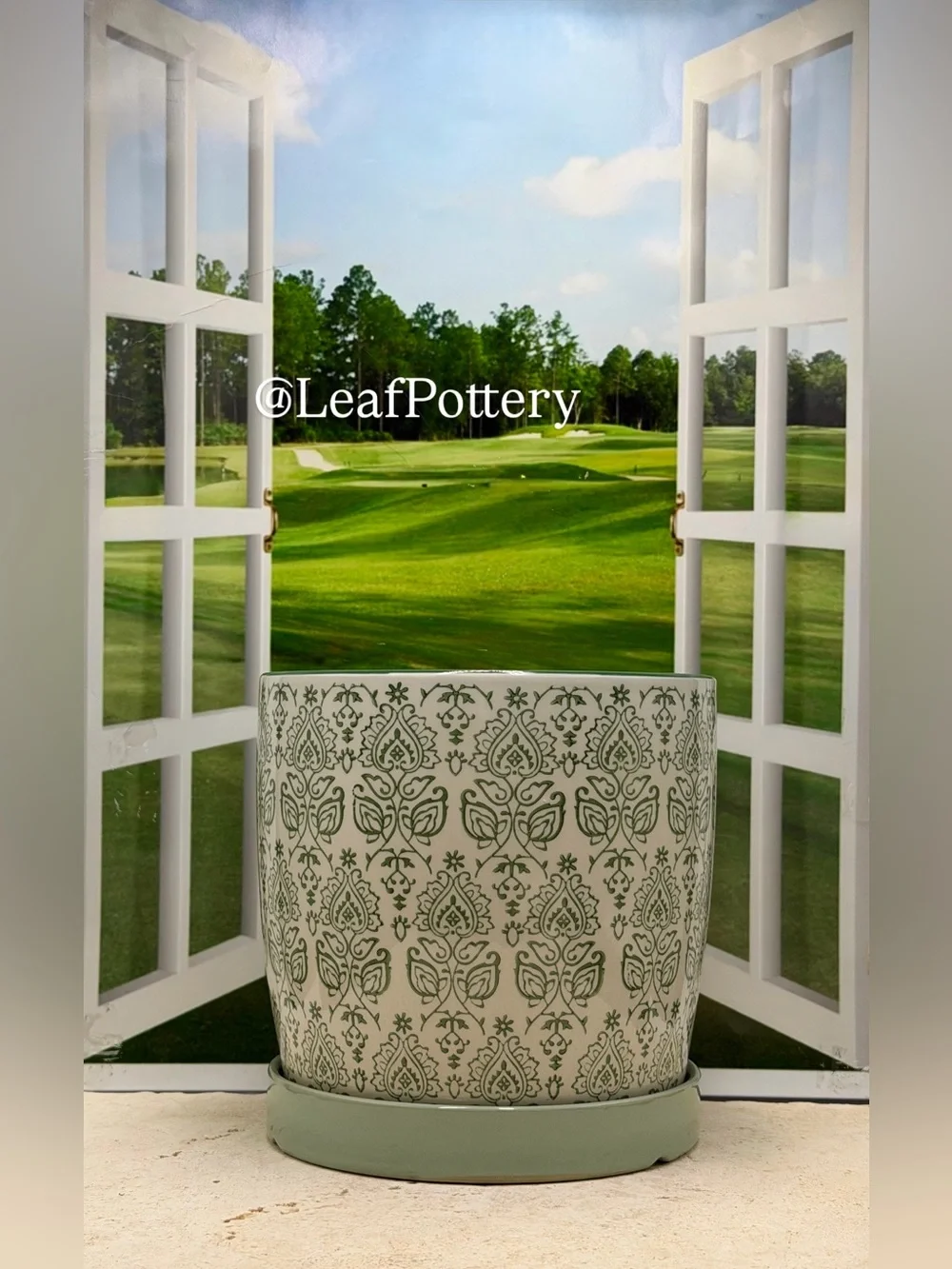Ceramic Planter with Saucer Attached 7 Inch | Green Patterned Flower Pot